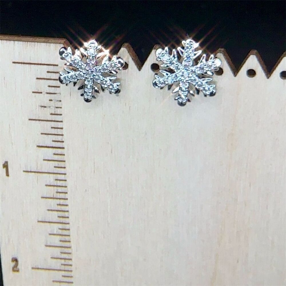 Silver Snowflake Crystal CZ Stud Earrings Christmas Theme - Picture 5 of 8